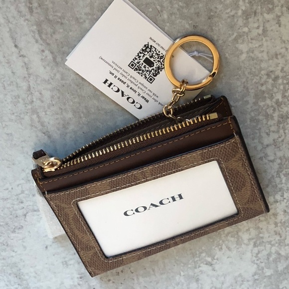 Coach Signature Mini Skinny Key ID Card Case Sand Taupe Gold Coach Logo - Picture 4 of 7